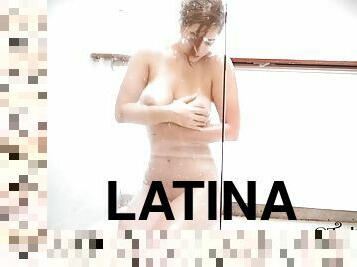 baden, groß-titten, masturbieren, latina, dusche, allein