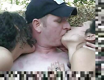 Hot brunettes taking care of a farmer dick