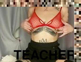 A red-haired beauty teacher seduced a student with her tits and then was fucked by a fuck machine