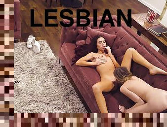 Best couch oral fun between the slim lesbians