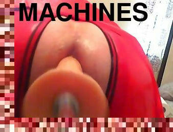 On my fuck machine in my red pvc plastic catsuit