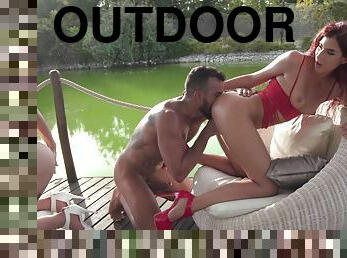 Smashing outdoor trio romance with two beauties