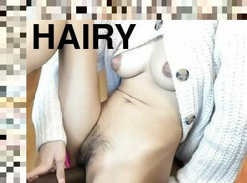 I Sit Naked On A Chair And Play With A Huge Dildo Inside My Hairy Pussy