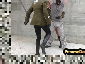Military doms outdoor BDSM ballbusting and face slapping