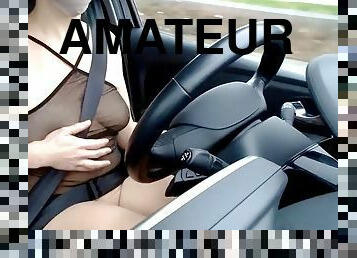 tetas-grandes, pezones, amateur, coche, exhibicionismo