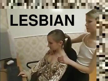 Cute lesbian girls karina and Alya on the couch