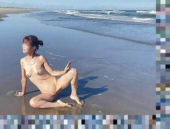 asiatique, nudiste, en-plein-air, amateur, japonais, plage, solo, brunette