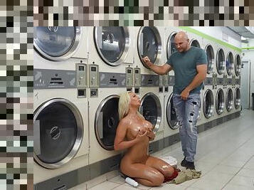 Curvaceous blonde damsel with big tits pleasures JMac in the laundry