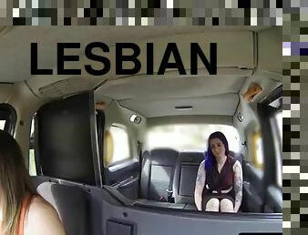 Female taxi driver fingering fishnet lesbian