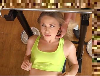 Seductive girl gets fucked by two guys at the gym