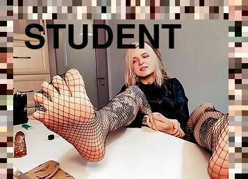 Student Dominates Her Teacher Mr.brand By Her Feet In Fishnets Humiliating And Laughing At Him Pov P1