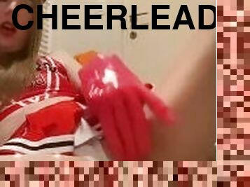 Blonde cheerleader gets her tight pussy hard with her special fuck glove