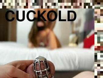 Cuckold locked in chastity by his mistress and watching her being fucked by bull , clean up after