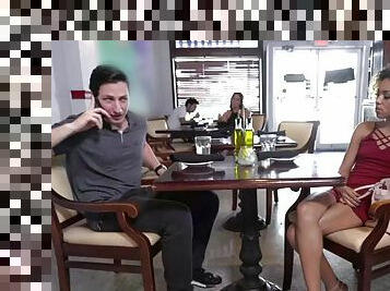 Xianna hill cheats on her always busy husband with waiter in toilet