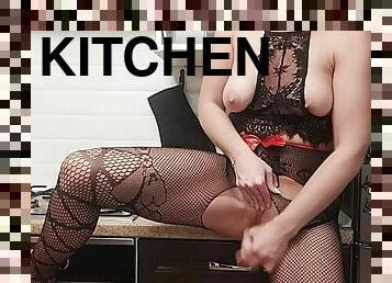 hard masturbation in the kitchen