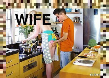 Beautiful blonder house wife sucks and gets rammed all over kitchen
