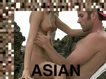 asien, anal-sex, beule-schuss, schwer, strand, hintern, kuh-mädchen