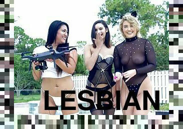 Lesbian teen threesome play tug of war with a drone and their college pussy