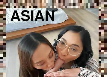 asiatisk, kone, cumshot, stor-pikk, deepthroat, trekant, pov, facial, tattoo