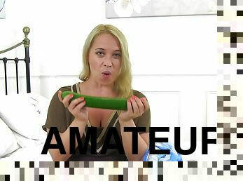 Solo blonde mom tries huge cucumber in restless XXX