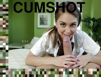 cumshot, tonåring, deepthroat, pov, ansiktssprut, uniform, brunett