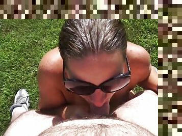 Missy sucks thick uncut cock outdoors for a huge facial