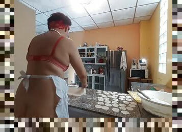 Nudist housekeeper Regina Noir cooking in the kitchen. Naked maid makes dumplings. Naked cooks. Bra 1
