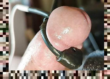 Close-up throbbing cock head cum - estim 