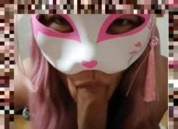 young asian cosplay teen gives wet blowjob with wig and mask