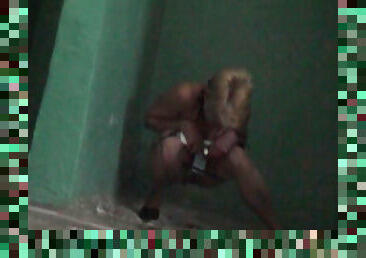 Cute blond with long legs is peeing with pleasure