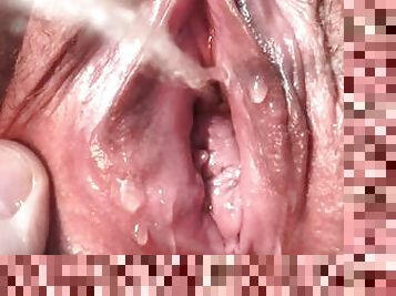 Pissing sex. Wife pee on my cock and gets an orgasm while I pee in her hairy cunt. Homemade Close-up