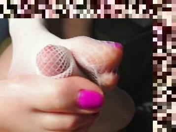 White fishnets all over little cock footjob