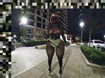 Curvy crossdresser showed off big boobs to some strangers in public