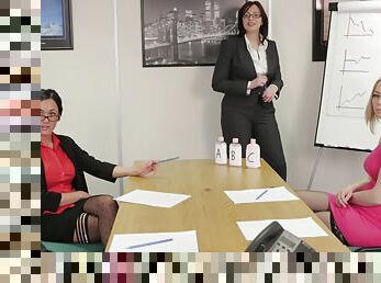 Business women Amber Rodgers, Chantelle Fox and Veronica Vice stroke a dick
