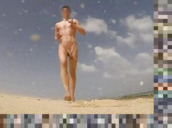 slow motion naked run with boner on the beach