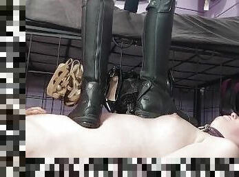 Rider boots TGirl slave trampling bootfetish and socks worship