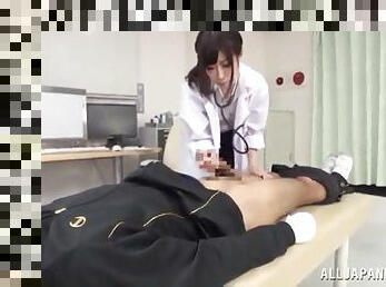 Admirable asian nurse with natural tits delivering a jerky hand job before getting her pussy licked erotically