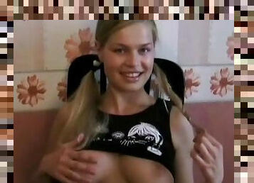 Pretty blonde Lana shows her nice boobies