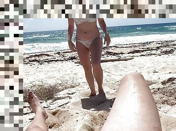 Slutty teen sucks dick at the beach, public blowjob, nude beach, public sex
