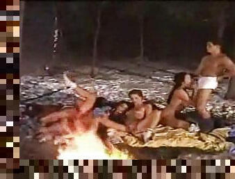 Group sex by the fire in the snow