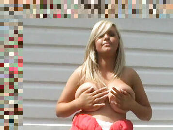 Incredibly busty teeny strips outdoors