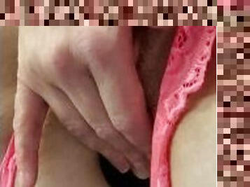 HOT Milf in pink lingerie masturbates w/ clear didlo pigtails anal plug huge floppy titties vitiligo