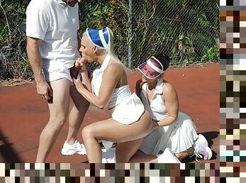 Sporty females take turns when sharing dick on the tennis court