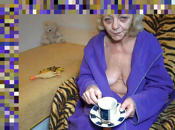 Old lady masturbates after having cup of tea