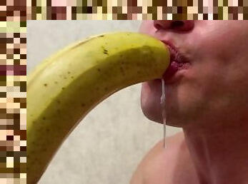 Throat training with banana. Drool, milk, sloppy. Very dirty.  Very hard