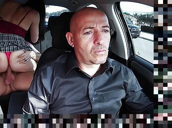 Passionate broad starts riding dick in an Uber