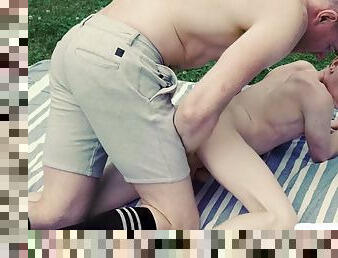 Tiny twink fucked in an outdoor threesome at a top dilf picnic