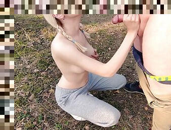 Girl With Pigtails Jerked Off A Man In The Forest And He Finished On Her Tits, Everyone Is Happy