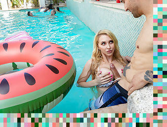 Alix Lynx blows and rides her tattooed lover by the pool