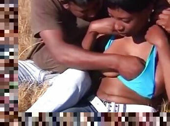Outdoor interracial threesome starring a busty black woman
